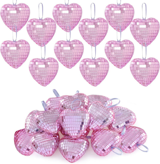 12pcs Heart Disco Valentine Ornaments Heart Shaped Disco Ball Pink Mirror Balls Hanging Ornaments for Valentines Decorations Tree Party (12, Pink, 2.4in)