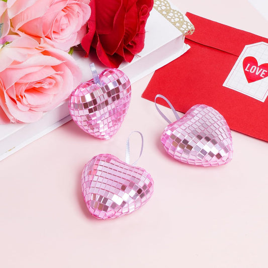 12pcs Heart Disco Valentine Ornaments Heart Shaped Disco Ball Pink Mirror Balls Hanging Ornaments for Valentines Decorations Tree Party (12, Pink, 2.4in)