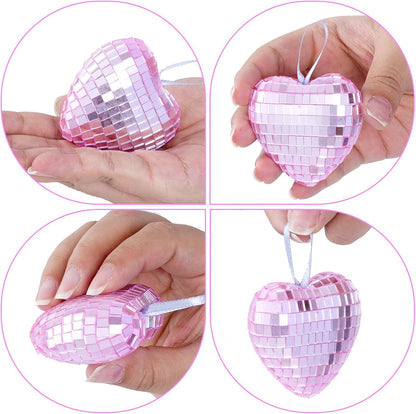 12pcs Heart Disco Valentine Ornaments Heart Shaped Disco Ball Pink Mirror Balls Hanging Ornaments for Valentines Decorations Tree Party (12, Pink, 2.4in)