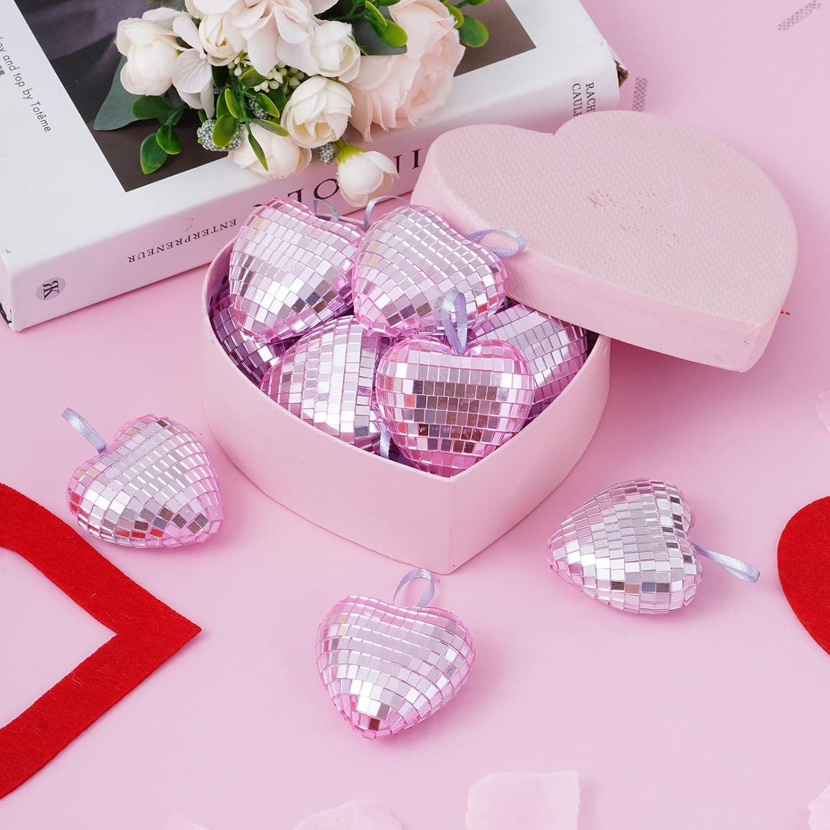 12pcs Heart Disco Valentine Ornaments Heart Shaped Disco Ball Pink Mirror Balls Hanging Ornaments for Valentines Decorations Tree Party (12, Pink, 2.4in)