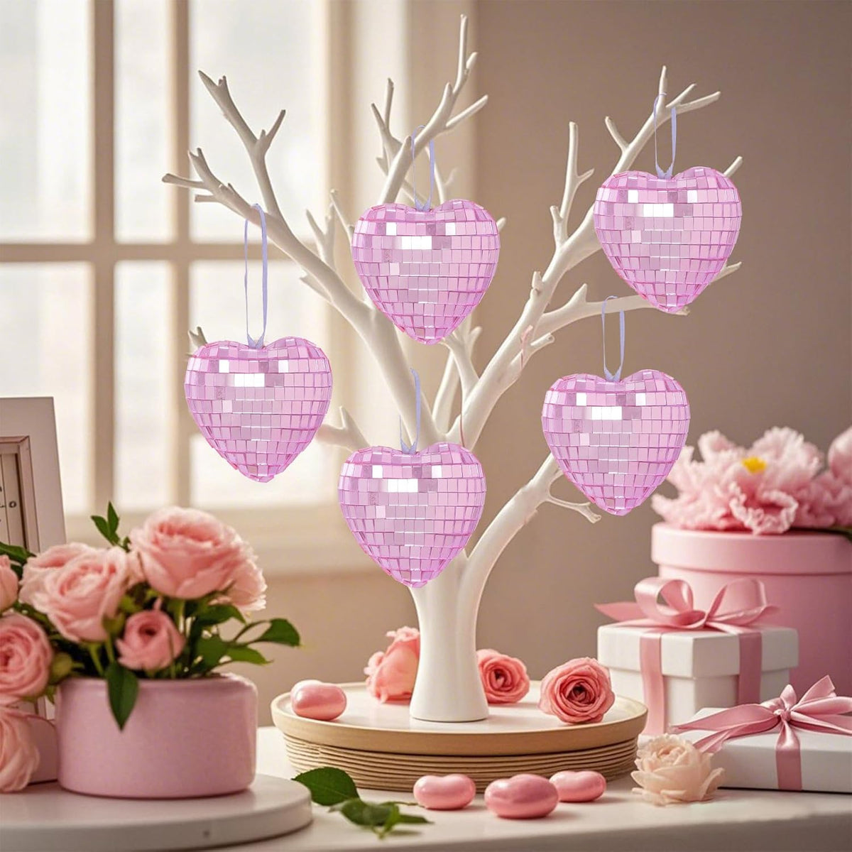 12pcs Heart Disco Valentine Ornaments Heart Shaped Disco Ball Pink Mirror Balls Hanging Ornaments for Valentines Decorations Tree Party (12, Pink, 2.4in)