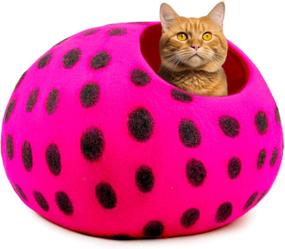 Premium Felt Cat Cave Bed – Wool Kitty Beds Handcrafted Kitten Caves Bed for Indoor Cats - Made from Merino Wool, Foldable Cat Hideaway Covered Cat House Pod (Pink Polka)