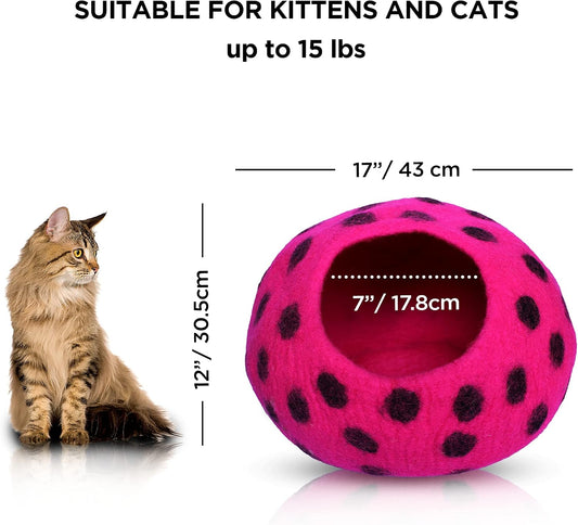 Premium Felt Cat Cave Bed – Wool Kitty Beds Handcrafted Kitten Caves Bed for Indoor Cats - Made from Merino Wool, Foldable Cat Hideaway Covered Cat House Pod (Pink Polka)