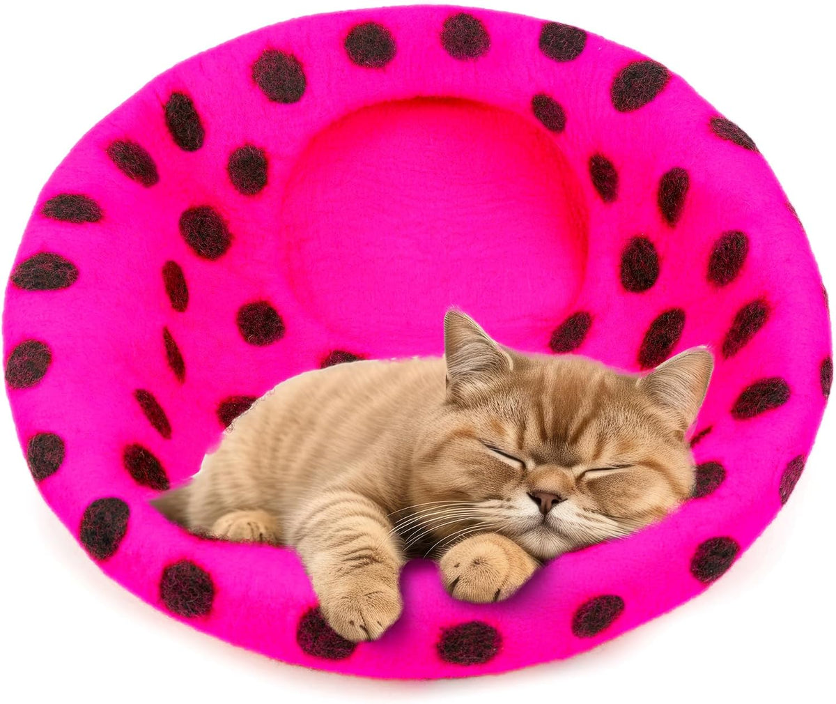 Premium Felt Cat Cave Bed – Wool Kitty Beds Handcrafted Kitten Caves Bed for Indoor Cats - Made from Merino Wool, Foldable Cat Hideaway Covered Cat House Pod (Pink Polka)