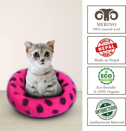 Premium Felt Cat Cave Bed – Wool Kitty Beds Handcrafted Kitten Caves Bed for Indoor Cats - Made from Merino Wool, Foldable Cat Hideaway Covered Cat House Pod (Pink Polka)