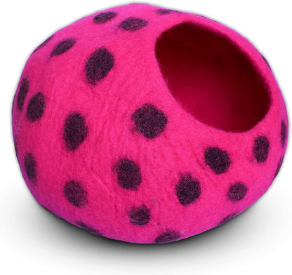 Premium Felt Cat Cave Bed – Wool Kitty Beds Handcrafted Kitten Caves Bed for Indoor Cats - Made from Merino Wool, Foldable Cat Hideaway Covered Cat House Pod (Pink Polka)
