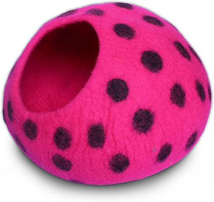 Premium Felt Cat Cave Bed – Wool Kitty Beds Handcrafted Kitten Caves Bed for Indoor Cats - Made from Merino Wool, Foldable Cat Hideaway Covered Cat House Pod (Pink Polka)