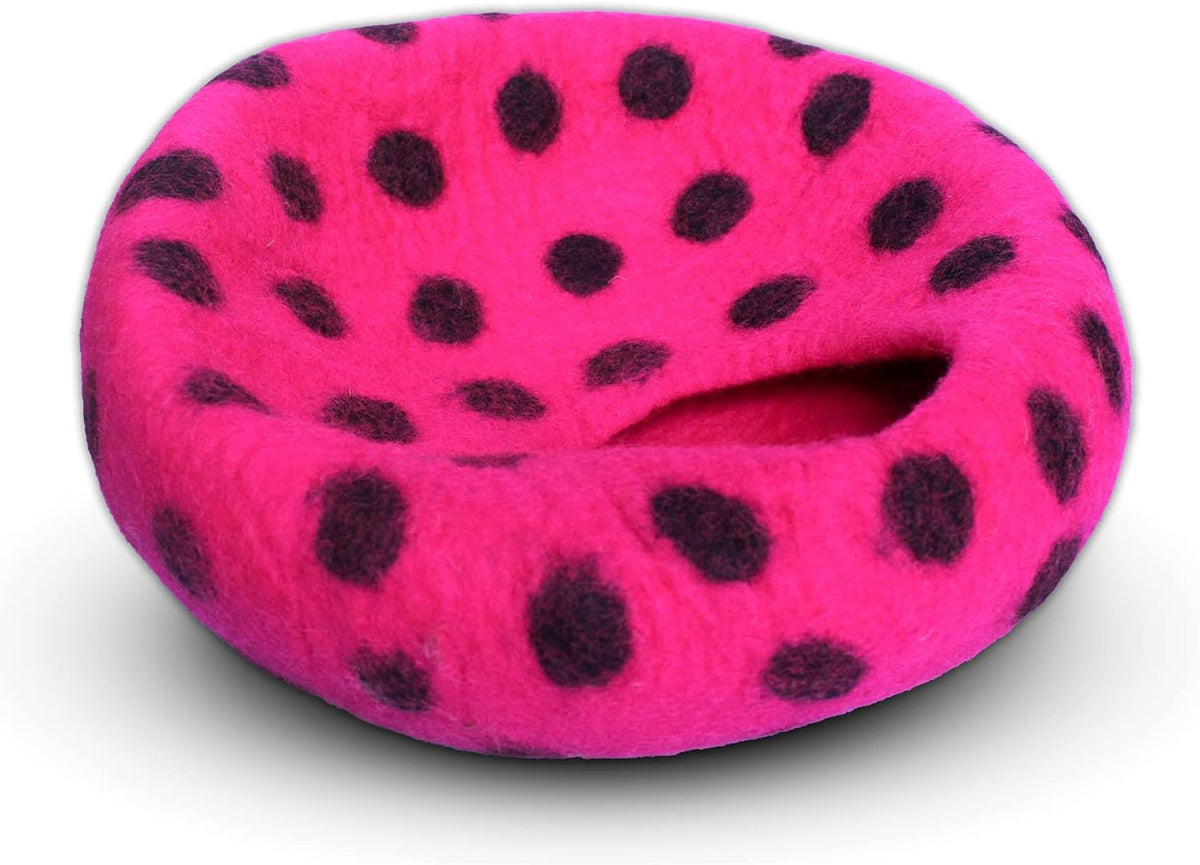 Premium Felt Cat Cave Bed – Wool Kitty Beds Handcrafted Kitten Caves Bed for Indoor Cats - Made from Merino Wool, Foldable Cat Hideaway Covered Cat House Pod (Pink Polka)