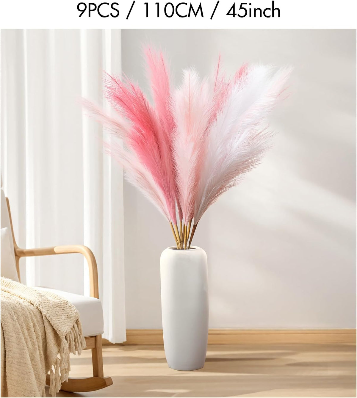 9 Pcs 45" Pampas Grass Tall Pink White Decor Faux Dried Fluffy Fake Long Light Pink Pompas Artificial Pompous Stems Bouquet Flower Vase Filler Home Wedding Room Wall Decoration