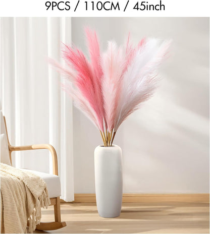 9 Pcs 45" Pampas Grass Tall Pink White Decor Faux Dried Fluffy Fake Long Light Pink Pompas Artificial Pompous Stems Bouquet Flower Vase Filler Home Wedding Room Wall Decoration
