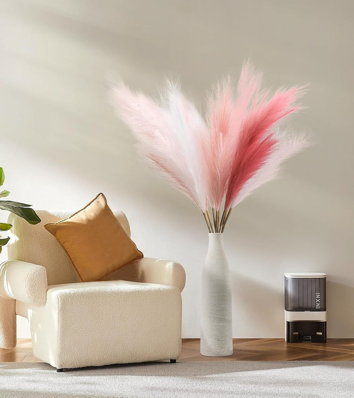 9 Pcs 45" Pampas Grass Tall Pink White Decor Faux Dried Fluffy Fake Long Light Pink Pompas Artificial Pompous Stems Bouquet Flower Vase Filler Home Wedding Room Wall Decoration