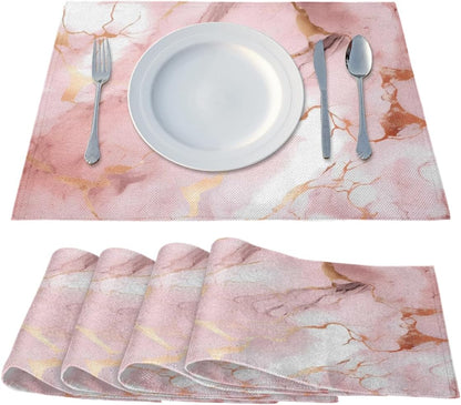 Placemats Set of 4, Pink Rose Gold Marble Print Table Place Mats, Heat Resistant Washable Placemat, Wipeable Dining Table Mats for Wedding Party Decoration, 12x18 in