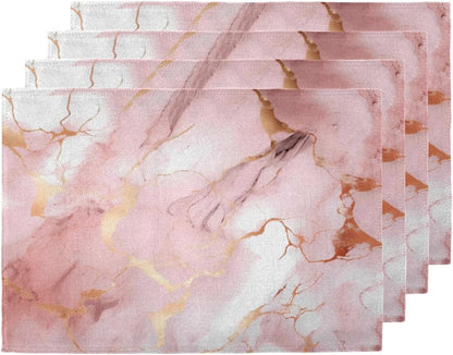Placemats Set of 4, Pink Rose Gold Marble Print Table Place Mats, Heat Resistant Washable Placemat, Wipeable Dining Table Mats for Wedding Party Decoration, 12x18 in