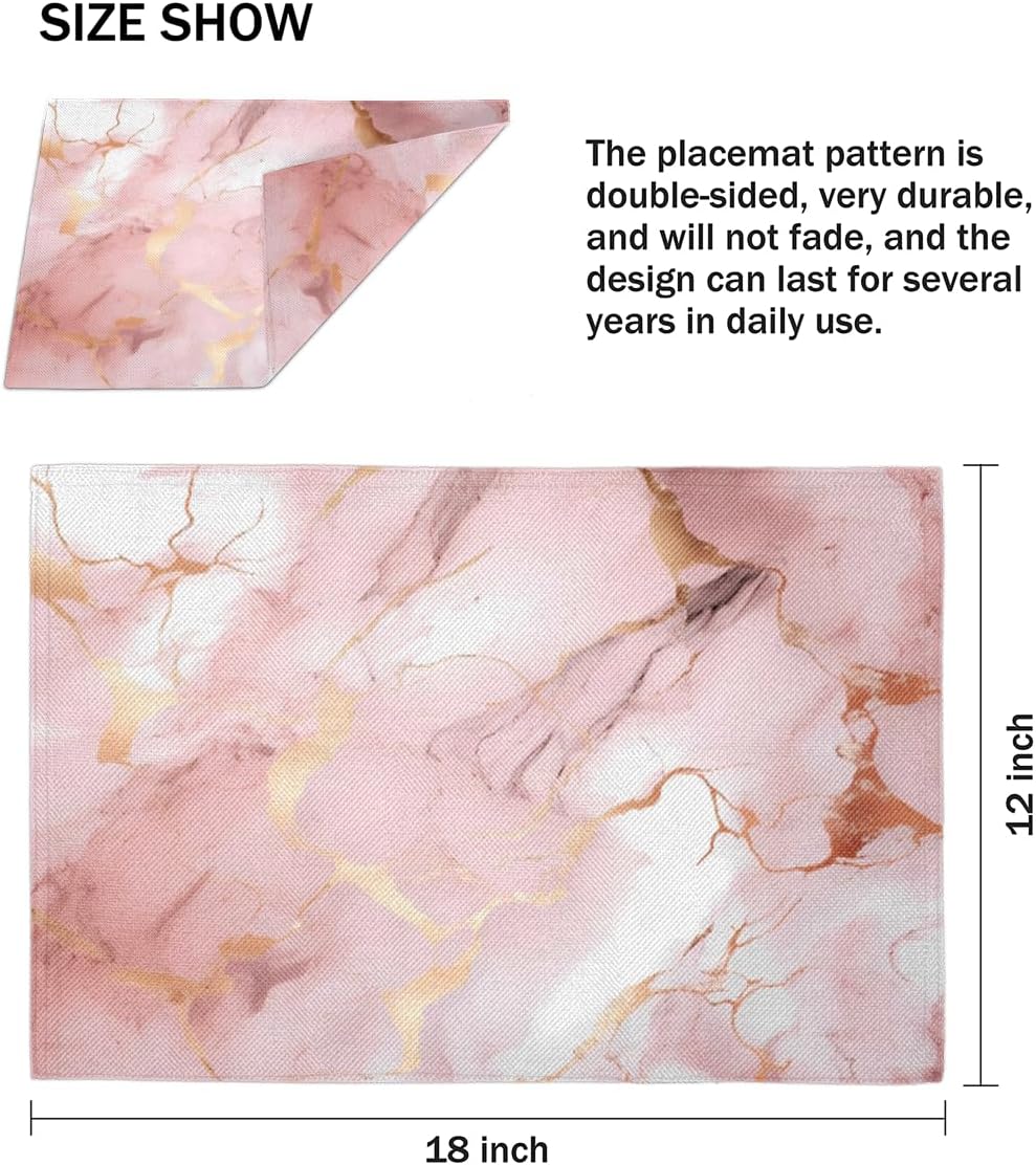 Placemats Set of 4, Pink Rose Gold Marble Print Table Place Mats, Heat Resistant Washable Placemat, Wipeable Dining Table Mats for Wedding Party Decoration, 12x18 in