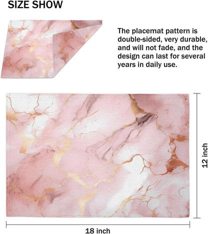 Placemats Set of 4, Pink Rose Gold Marble Print Table Place Mats, Heat Resistant Washable Placemat, Wipeable Dining Table Mats for Wedding Party Decoration, 12x18 in