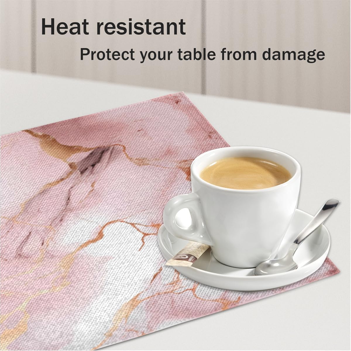 Placemats Set of 4, Pink Rose Gold Marble Print Table Place Mats, Heat Resistant Washable Placemat, Wipeable Dining Table Mats for Wedding Party Decoration, 12x18 in