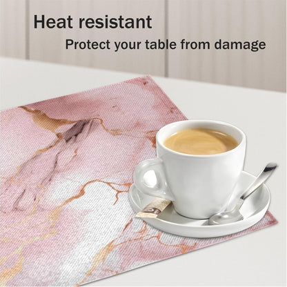 Placemats Set of 4, Pink Rose Gold Marble Print Table Place Mats, Heat Resistant Washable Placemat, Wipeable Dining Table Mats for Wedding Party Decoration, 12x18 in