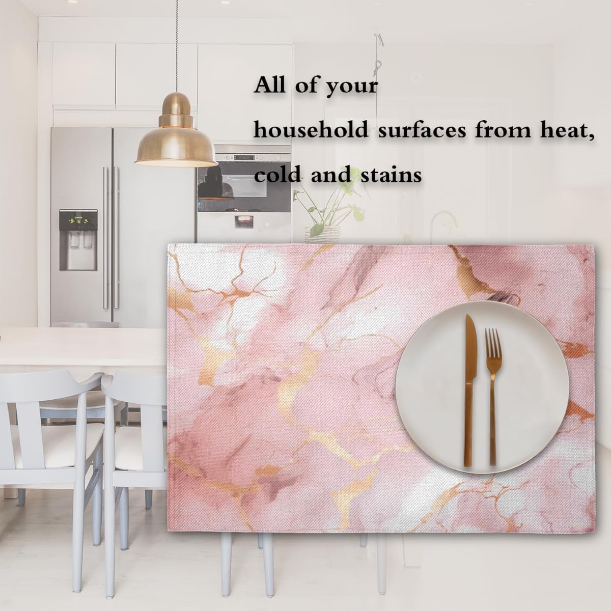 Placemats Set of 4, Pink Rose Gold Marble Print Table Place Mats, Heat Resistant Washable Placemat, Wipeable Dining Table Mats for Wedding Party Decoration, 12x18 in