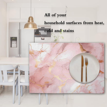 Placemats Set of 4, Pink Rose Gold Marble Print Table Place Mats, Heat Resistant Washable Placemat, Wipeable Dining Table Mats for Wedding Party Decoration, 12x18 in