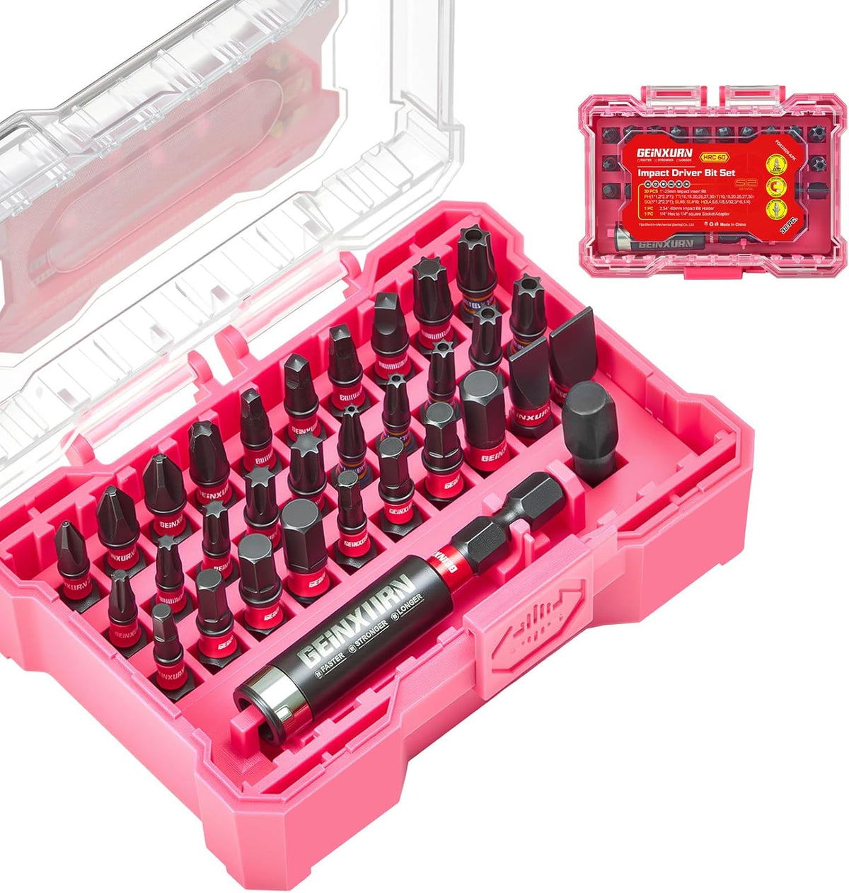 32Pieces Impact Screwdriver Bits Set, S2 Steel Magnetic Phillips/Slotted/Square/Torx/Hex Muliti Insert Bits Tips Set with Impact Bit Holder and 1/4”Socket Adapter(Pink Storage Box Case)
