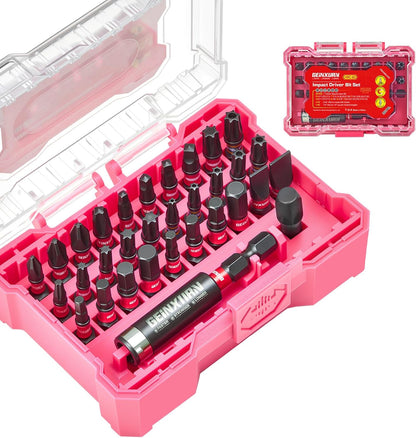 32Pieces Impact Screwdriver Bits Set, S2 Steel Magnetic Phillips/Slotted/Square/Torx/Hex Muliti Insert Bits Tips Set with Impact Bit Holder and 1/4”Socket Adapter(Pink Storage Box Case)