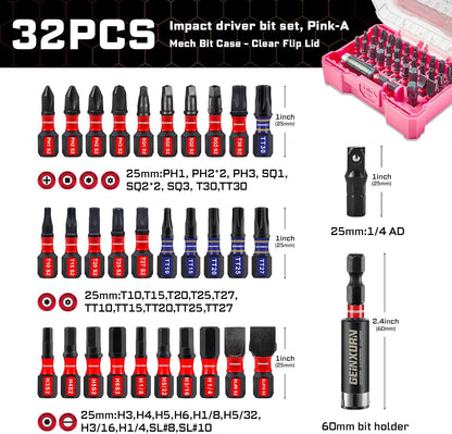 32Pieces Impact Screwdriver Bits Set, S2 Steel Magnetic Phillips/Slotted/Square/Torx/Hex Muliti Insert Bits Tips Set with Impact Bit Holder and 1/4”Socket Adapter(Pink Storage Box Case)