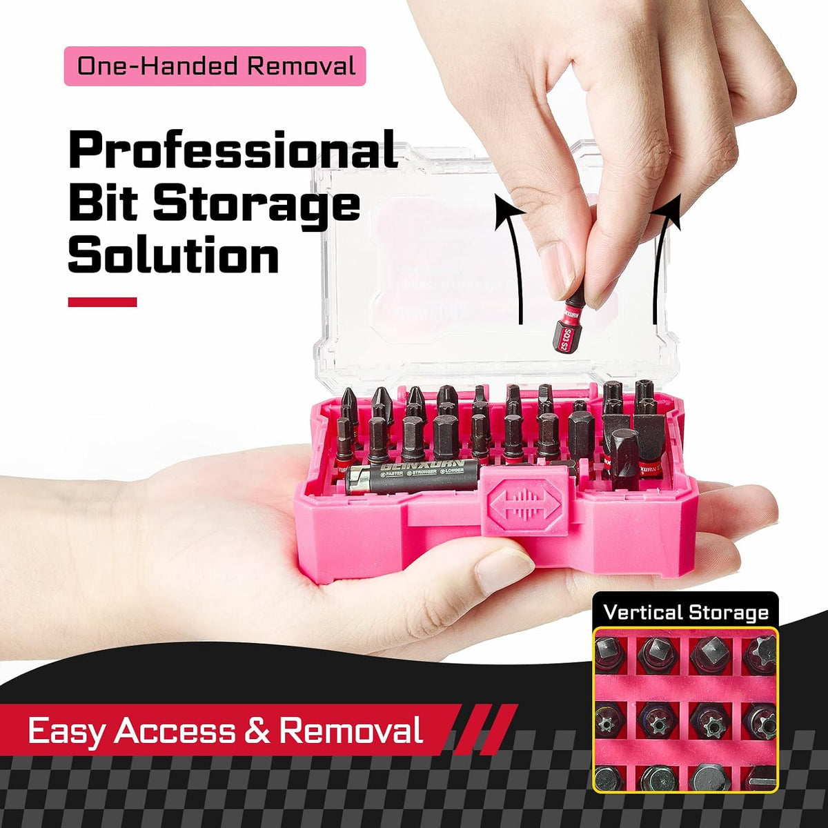 32Pieces Impact Screwdriver Bits Set, S2 Steel Magnetic Phillips/Slotted/Square/Torx/Hex Muliti Insert Bits Tips Set with Impact Bit Holder and 1/4”Socket Adapter(Pink Storage Box Case)