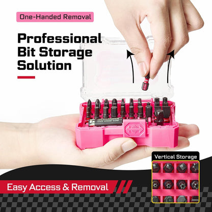 32Pieces Impact Screwdriver Bits Set, S2 Steel Magnetic Phillips/Slotted/Square/Torx/Hex Muliti Insert Bits Tips Set with Impact Bit Holder and 1/4”Socket Adapter(Pink Storage Box Case)