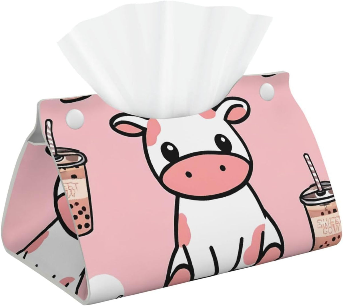 Cute Cow Pink Print Tissue Box Cover - Leather Tissue Holder Long Tissue Case Facial Paper Organizer Dispenser for Bathroom Vanity Countertop Table Desk Office
