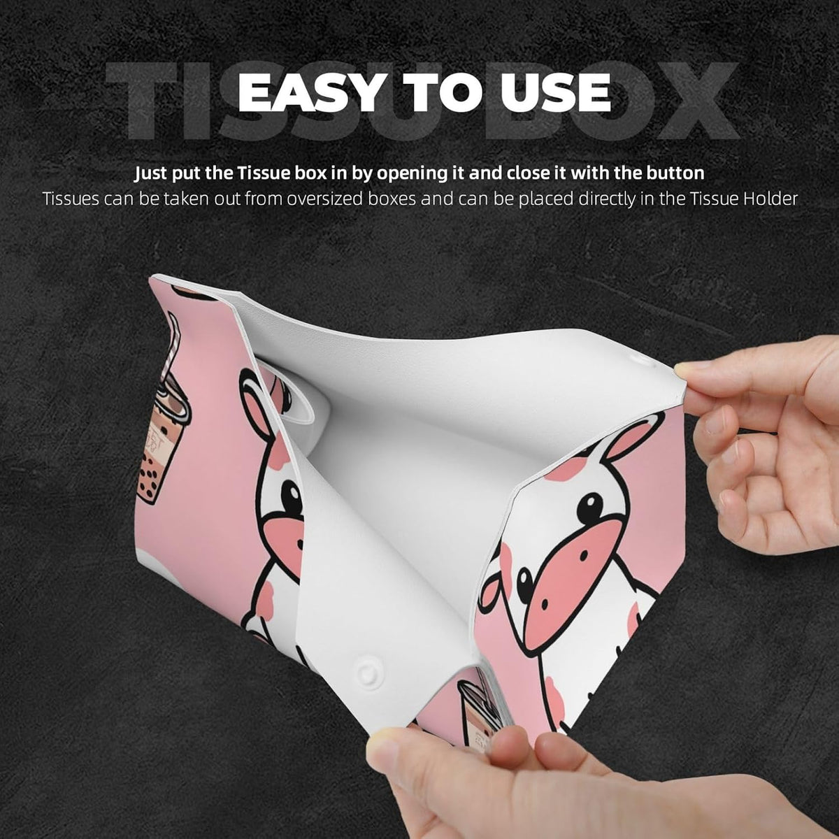 Cute Cow Pink Print Tissue Box Cover - Leather Tissue Holder Long Tissue Case Facial Paper Organizer Dispenser for Bathroom Vanity Countertop Table Desk Office