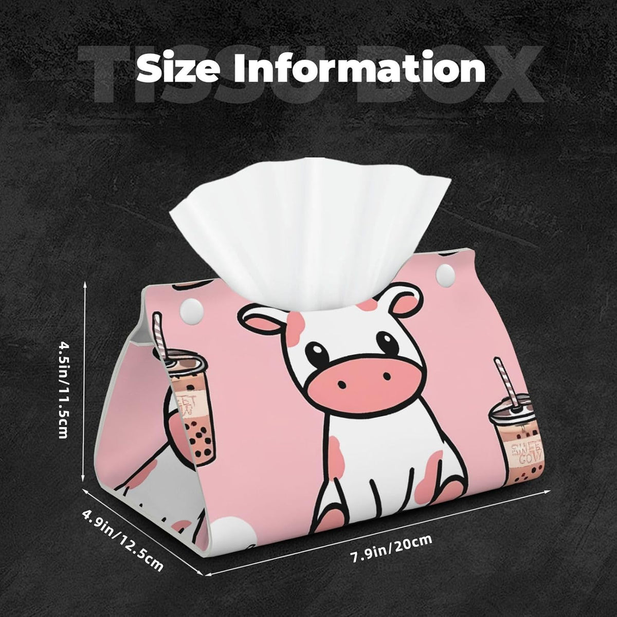 Cute Cow Pink Print Tissue Box Cover - Leather Tissue Holder Long Tissue Case Facial Paper Organizer Dispenser for Bathroom Vanity Countertop Table Desk Office