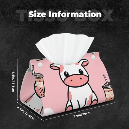 Cute Cow Pink Print Tissue Box Cover - Leather Tissue Holder Long Tissue Case Facial Paper Organizer Dispenser for Bathroom Vanity Countertop Table Desk Office