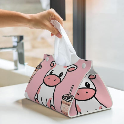 Cute Cow Pink Print Tissue Box Cover - Leather Tissue Holder Long Tissue Case Facial Paper Organizer Dispenser for Bathroom Vanity Countertop Table Desk Office