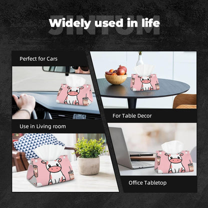 Cute Cow Pink Print Tissue Box Cover - Leather Tissue Holder Long Tissue Case Facial Paper Organizer Dispenser for Bathroom Vanity Countertop Table Desk Office
