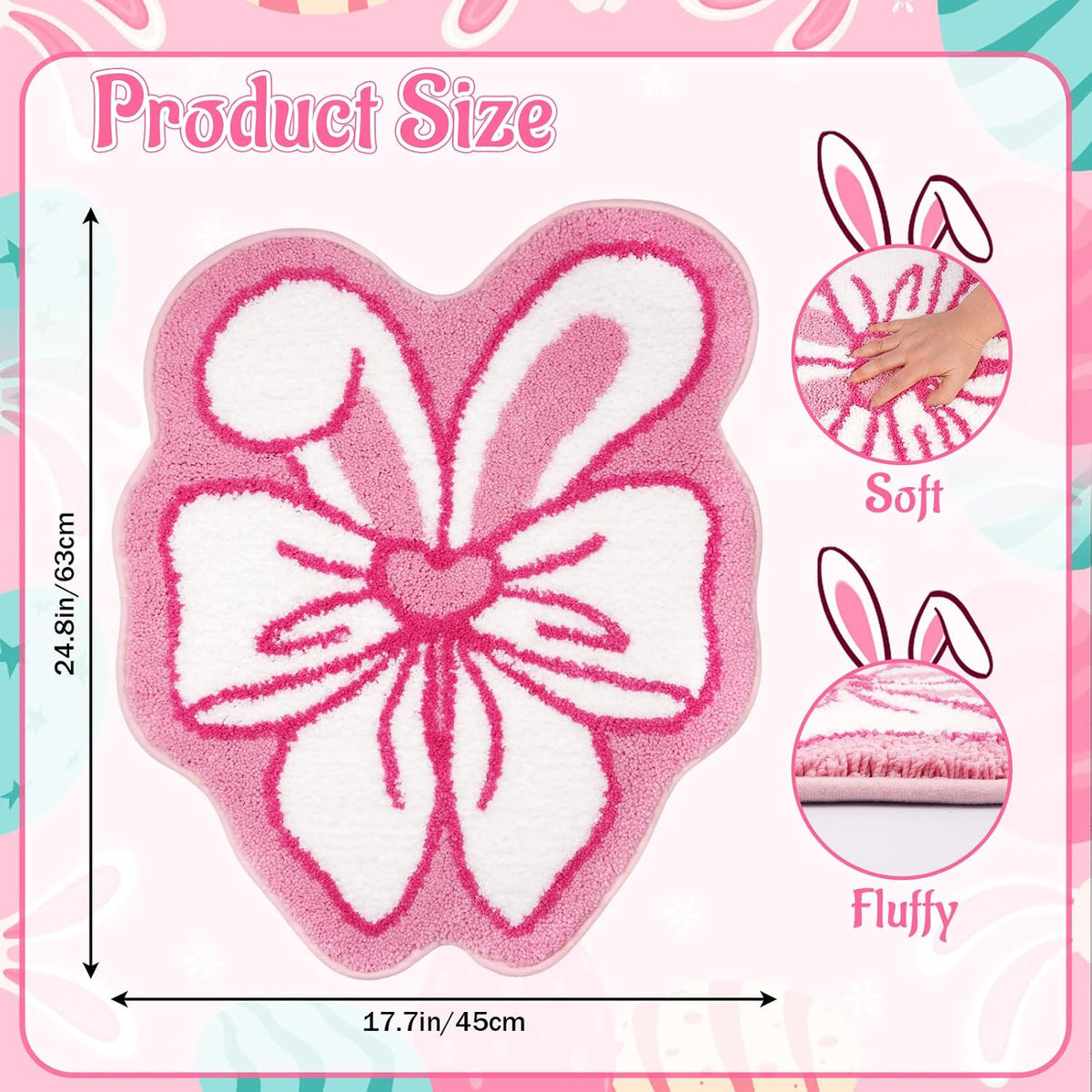 Bathroom Rug,Bow Bath Mat with Bunny Ears,Non-Slip and Absorbent Pink Rug with Funny Design Rugs for Bathroom Shower Bedroom,24x16 Inch