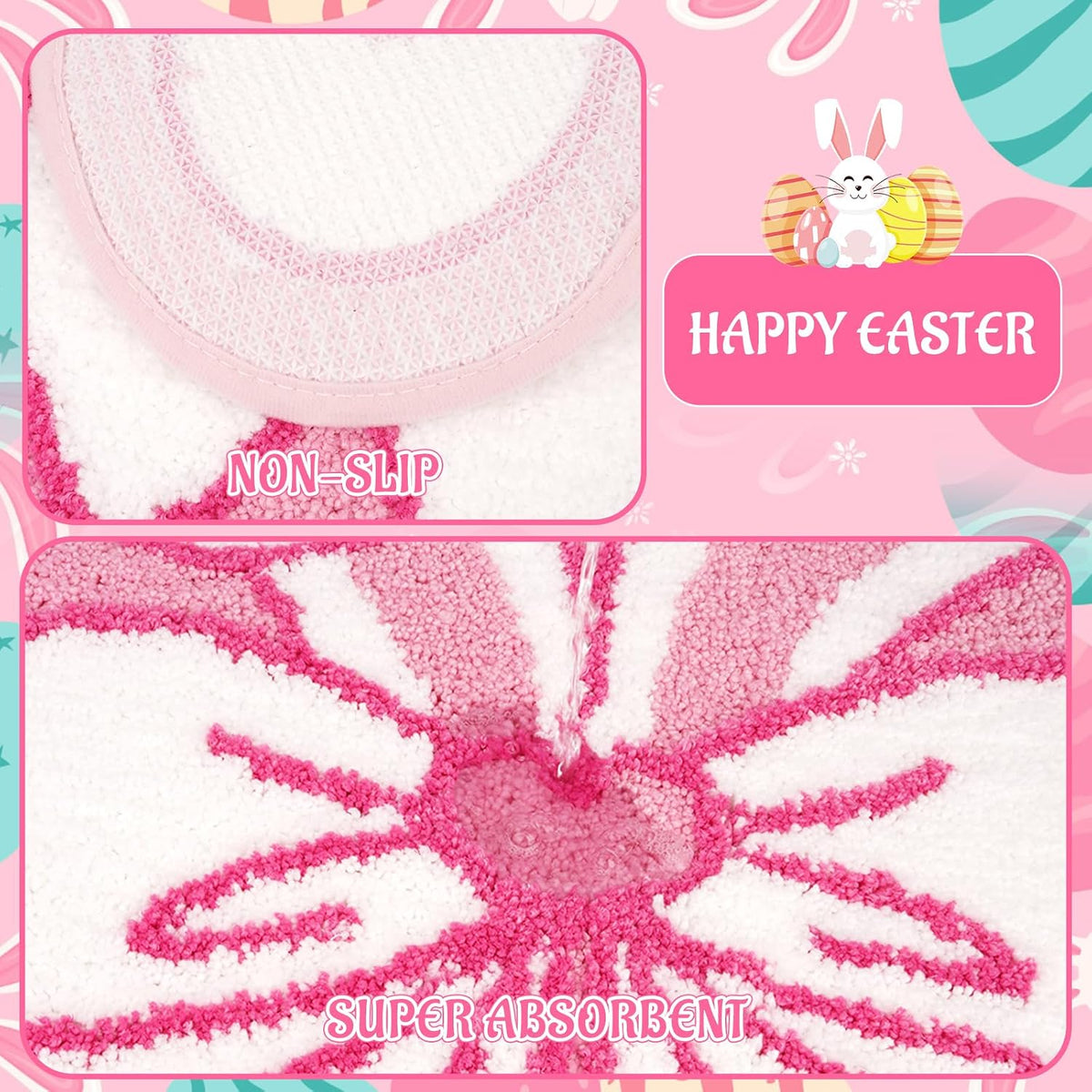 Bathroom Rug,Bow Bath Mat with Bunny Ears,Non-Slip and Absorbent Pink Rug with Funny Design Rugs for Bathroom Shower Bedroom,24x16 Inch