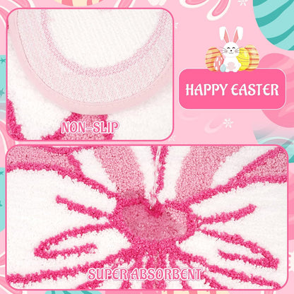Bathroom Rug,Bow Bath Mat with Bunny Ears,Non-Slip and Absorbent Pink Rug with Funny Design Rugs for Bathroom Shower Bedroom,24x16 Inch