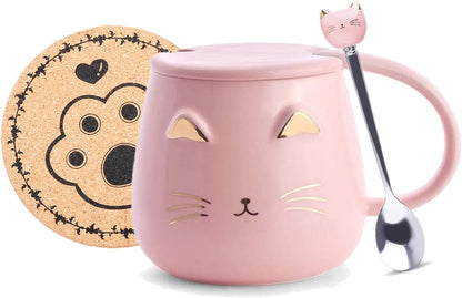 Pink Ceramic Coffee mug Cute Cat Handmade Tea Cups with Stainless Steel Spoon Kitty Cup Unique Hot chocolate Novelty mugs Christmas Birthday for Girls Women (Pink)