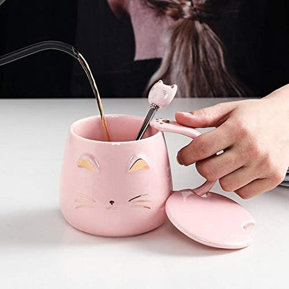 Pink Ceramic Coffee mug Cute Cat Handmade Tea Cups with Stainless Steel Spoon Kitty Cup Unique Hot chocolate Novelty mugs Christmas Birthday for Girls Women (Pink)