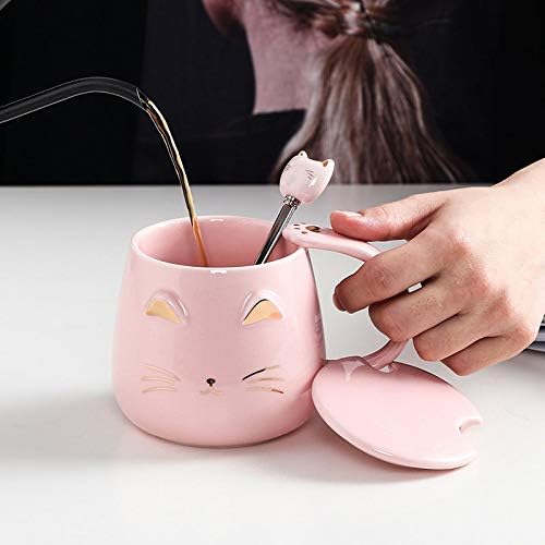 Pink Ceramic Coffee mug Cute Cat Handmade Tea Cups with Stainless Steel Spoon Kitty Cup Unique Hot chocolate Novelty mugs Christmas Birthday for Girls Women (Pink)