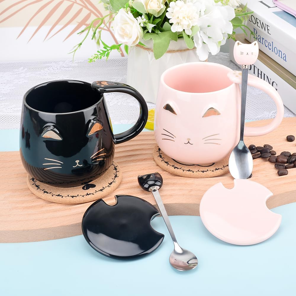 Pink Ceramic Coffee mug Cute Cat Handmade Tea Cups with Stainless Steel Spoon Kitty Cup Unique Hot chocolate Novelty mugs Christmas Birthday for Girls Women (Pink)
