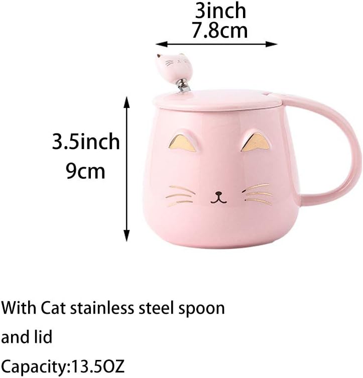 Pink Ceramic Coffee mug Cute Cat Handmade Tea Cups with Stainless Steel Spoon Kitty Cup Unique Hot chocolate Novelty mugs Christmas Birthday for Girls Women (Pink)