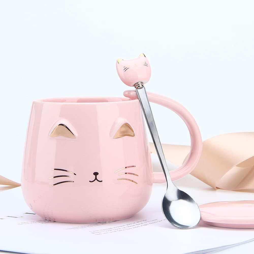 Pink Ceramic Coffee mug Cute Cat Handmade Tea Cups with Stainless Steel Spoon Kitty Cup Unique Hot chocolate Novelty mugs Christmas Birthday for Girls Women (Pink)