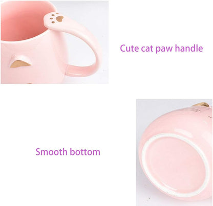 Pink Ceramic Coffee mug Cute Cat Handmade Tea Cups with Stainless Steel Spoon Kitty Cup Unique Hot chocolate Novelty mugs Christmas Birthday for Girls Women (Pink)