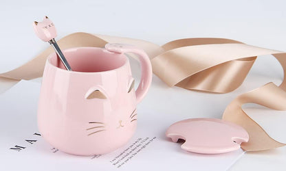 Pink Ceramic Coffee mug Cute Cat Handmade Tea Cups with Stainless Steel Spoon Kitty Cup Unique Hot chocolate Novelty mugs Christmas Birthday for Girls Women (Pink)