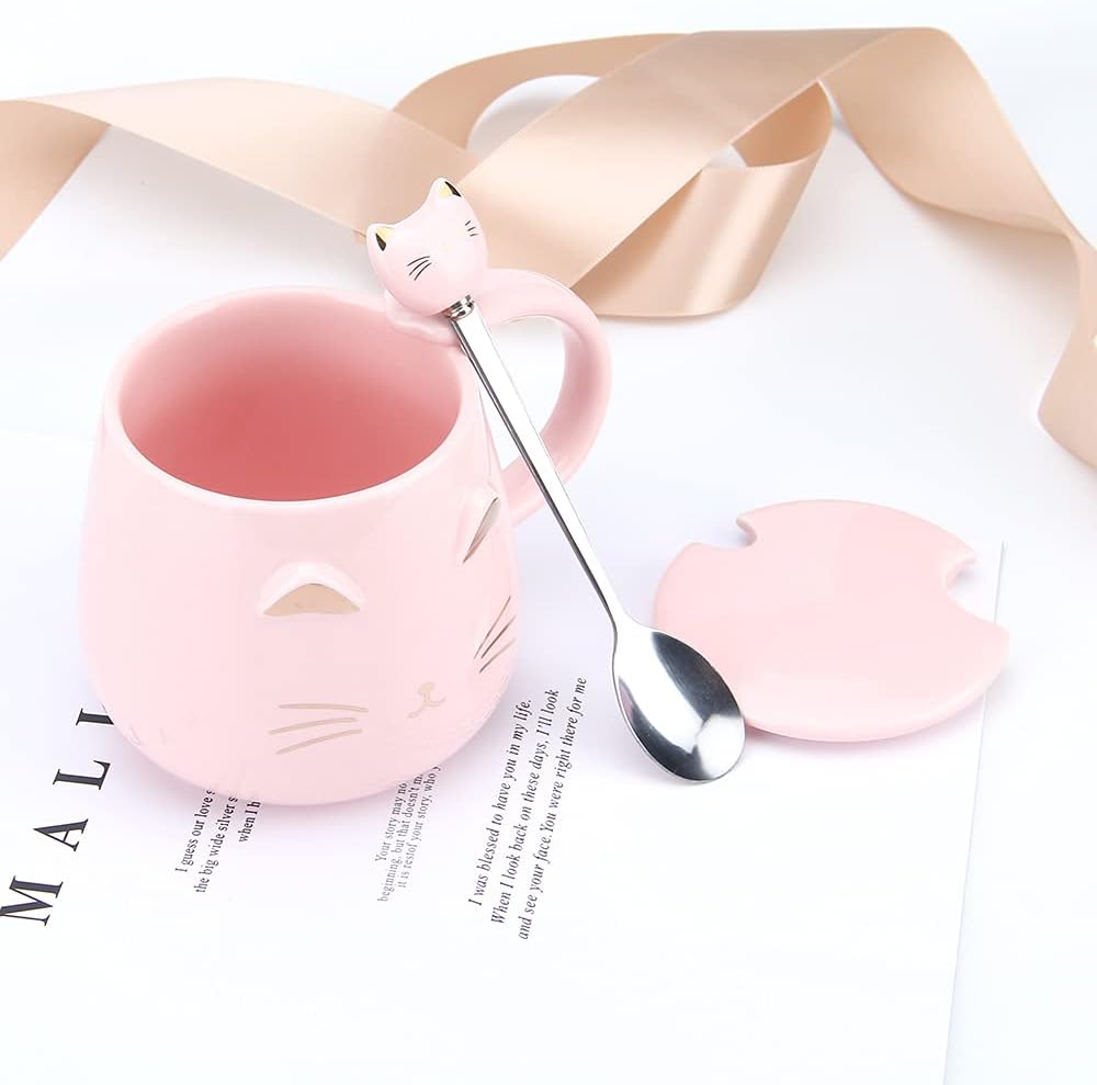 Pink Ceramic Coffee mug Cute Cat Handmade Tea Cups with Stainless Steel Spoon Kitty Cup Unique Hot chocolate Novelty mugs Christmas Birthday for Girls Women (Pink)