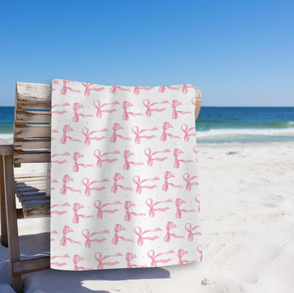 Preppy Beach Towels, Pink Coquette Bow Ribbon Bows Pool Towels, Girly Trendy Bowknot Sand Towel Large Bath Towel Gifts for Teen Girls Women, Preppy Coquette Pink Bow Bathroom Decor, 30x60in