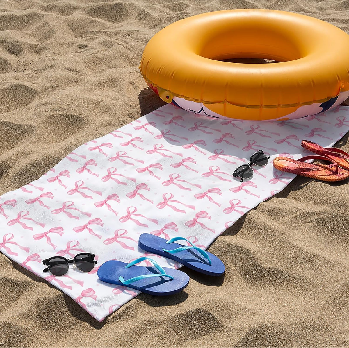 Preppy Beach Towels, Pink Coquette Bow Ribbon Bows Pool Towels, Girly Trendy Bowknot Sand Towel Large Bath Towel Gifts for Teen Girls Women, Preppy Coquette Pink Bow Bathroom Decor, 30x60in