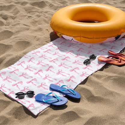 Preppy Beach Towels, Pink Coquette Bow Ribbon Bows Pool Towels, Girly Trendy Bowknot Sand Towel Large Bath Towel Gifts for Teen Girls Women, Preppy Coquette Pink Bow Bathroom Decor, 30x60in