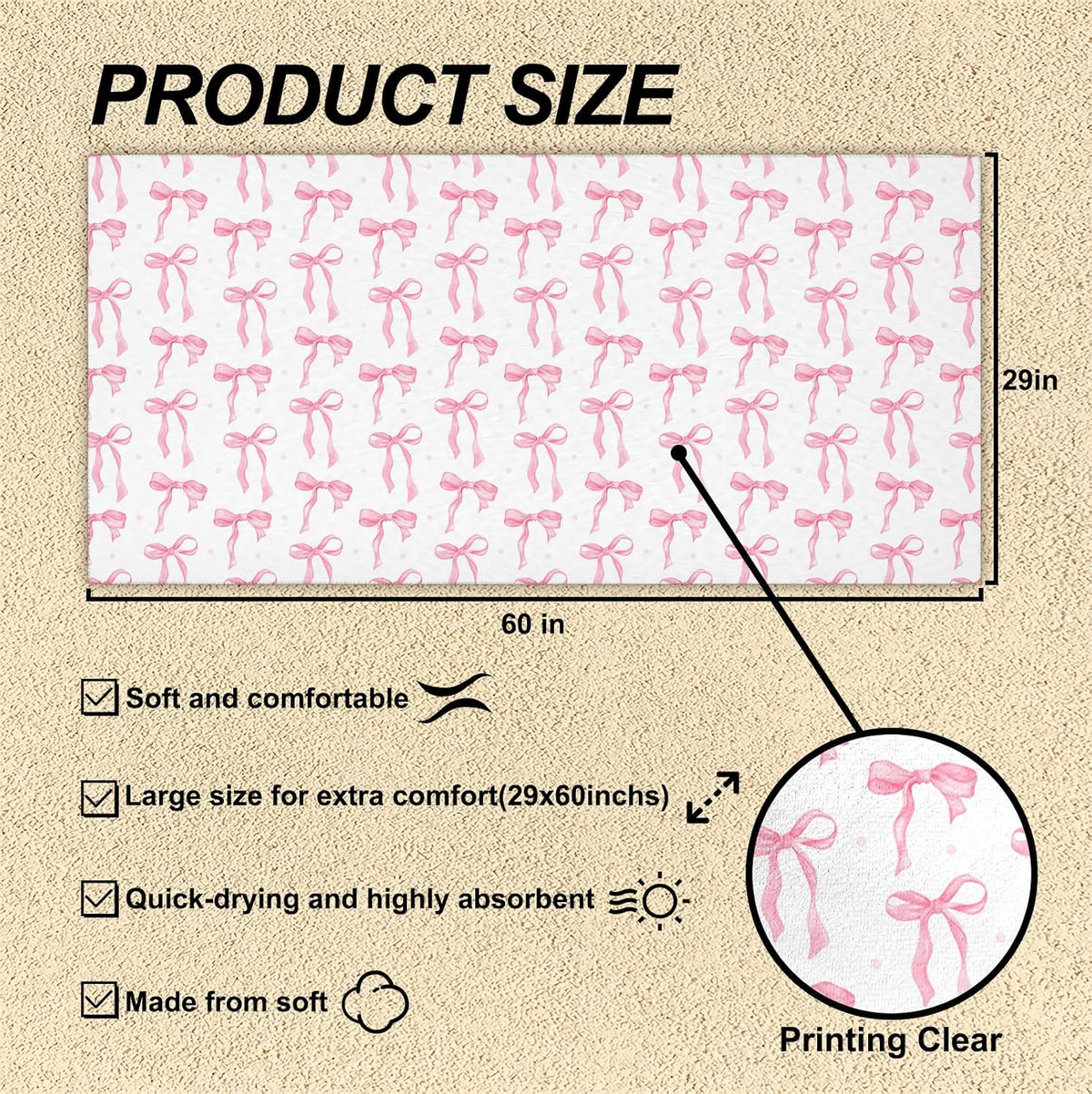 Preppy Beach Towels, Pink Coquette Bow Ribbon Bows Pool Towels, Girly Trendy Bowknot Sand Towel Large Bath Towel Gifts for Teen Girls Women, Preppy Coquette Pink Bow Bathroom Decor, 30x60in
